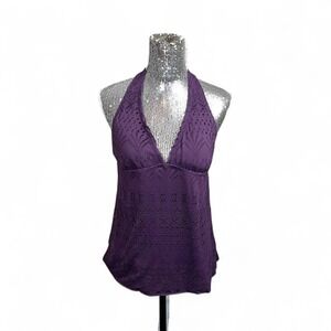 Y2K Eggplant Faux Eyelet Halter Empire Waist Stretch Top Small Boho Casual Party